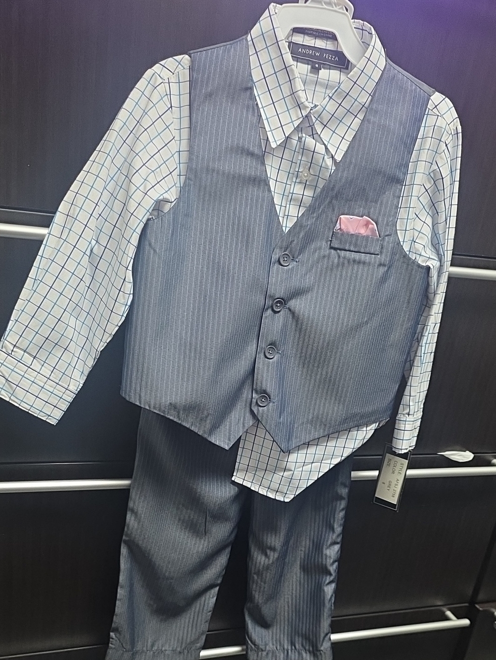 Andrew Fezza Boys' Gray Pinstriped Vest & Pants Set with Pink Pocket Square